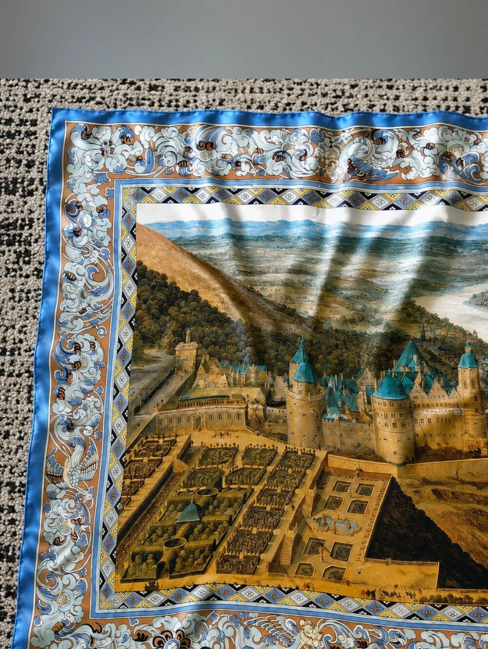 Vintage Heidelberg Castle 100% Silk Scarf 34x34 Blue Baroque Germany Travel CC